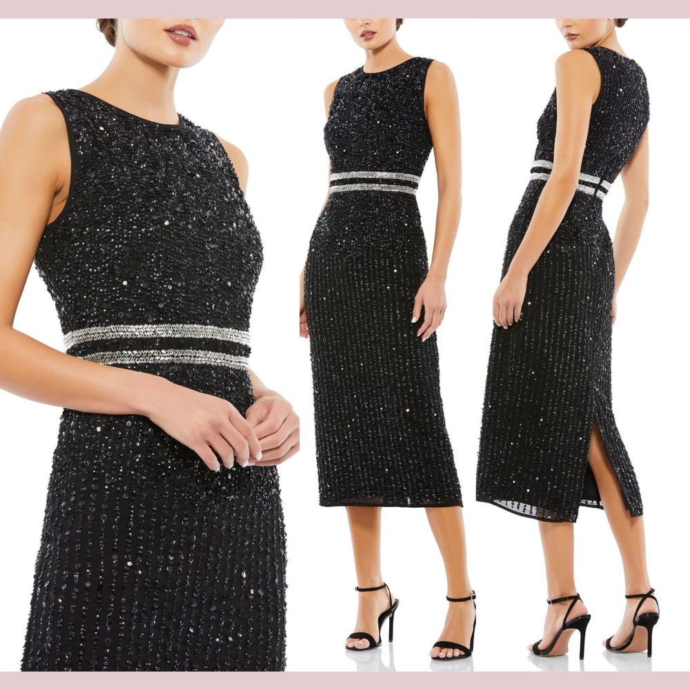 NWT Mac Duggal [ 10 ]‎ 10509 Sleeveless High Neck Beaded Midi Sheath Dress Black